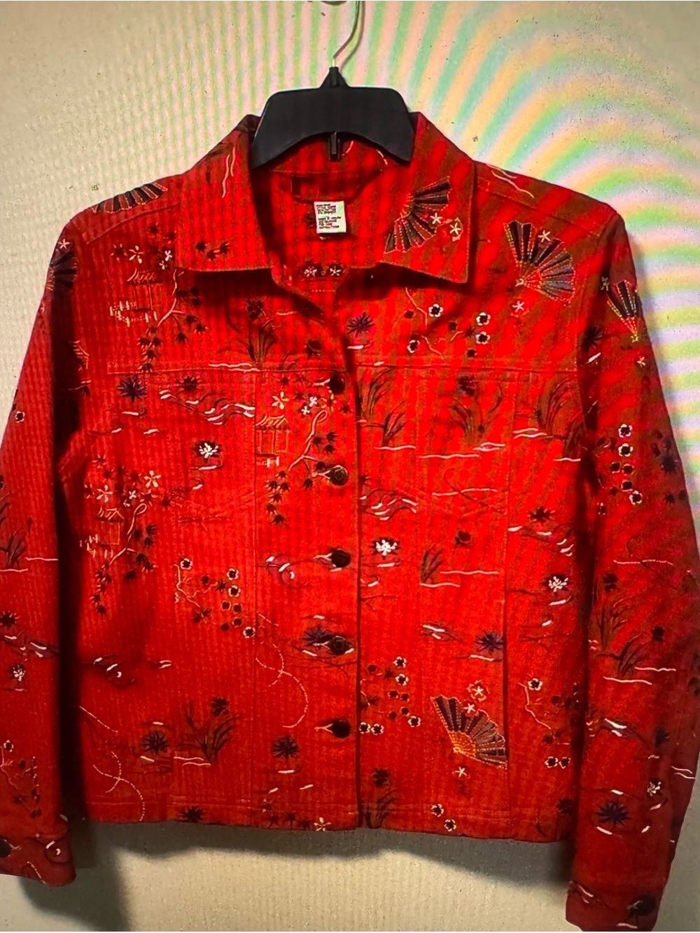 GW Jeans  Cute Red Embroidered Button-Up Jean Jacket